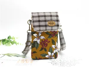 Cotton floral crossbody phone bag with plaid flap and lace trim for women daily use detail view