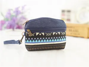 Ethnic style canvas coin purse with double zippers, hand strap and vintage woven pattern.