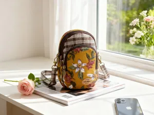 Koreanische pastorale Blumen Karo mehrschichtige Umhängetasche Handytasche für Damen lässig