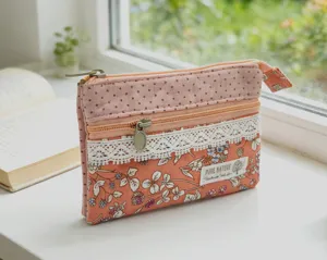 Multi-layer floral cotton coin purse with lace trim, cute small zipper pouch for everyday use.