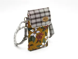 Cotton floral crossbody phone bag with plaid flap, small casual shoulder pouch for daily use.