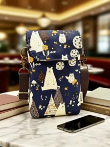 Chic dark blue cartoon bear and owl crossbody phone bag with adjustable strap for women.