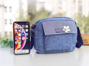 Leinwand Umhängetasche mit Hahnentritt-Klappe und Blumendekor, lässige Handytasche.