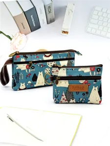 Sac à main pochette zippée multicouche en toile de dessin animé mignon ours bleu pour femmes.