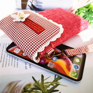 Red linen houndstooth mini crossbody cell phone bag with lace trim and cute floral accent.