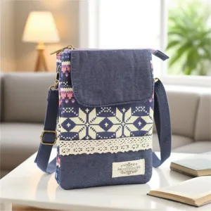 Denim cross-body phone bag featuring Nordic snowflake pattern, lace trim and multi-layer pockets.