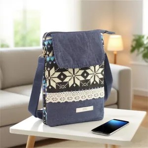 Denim cross body phone bag with ethnic geometric pattern and lace trim for women daily use