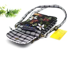 Floral print canvas crossbody phone bag with plaid strap and multi-layer storage design.