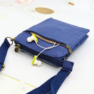Detail view of a blue canvas crossbody phone bag with multiple zipper compartments.