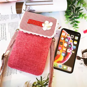 Red houndstooth fabric crossbody phone bag with lace trim and elegant floral detail.