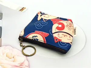 Leuke cartoonprint portemonnee met sleutelhanger, duurzame gecoate mini portemonnee.