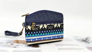 Detailed close-up of ethnic style denim coin purse with double zippers and wrist strap.