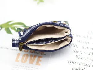 Multi-layer fabric coin purse detail showing structured compartments, zippers and plaid pattern.