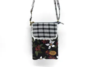 Crossbody phone bag detail, black plaid flap, floral cotton fabric, multi-layer storage pouch.