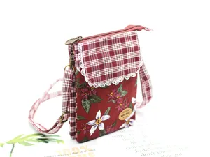 Cotton Crossbody Phone Bag Floral Plaid Multi-layer Mini Messenger Shoulder Bag