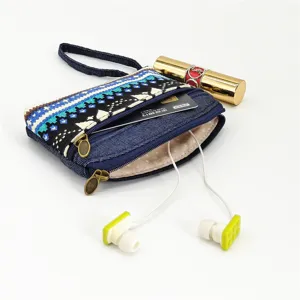 Ethnic style denim coin purse with wrist strap, double zipper pocket and card slot design.