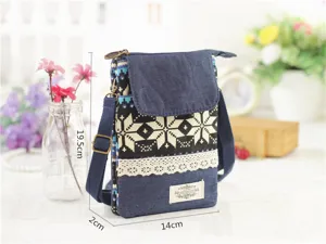 Ethnic style denim cotton cross-body phone bag with multi-layer pockets for women.