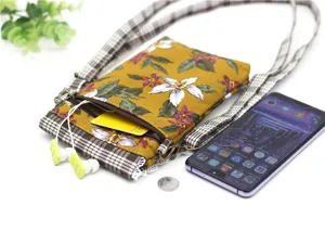 Floral print cotton crossbody phone bag with plaid strap, multi-layer small shoulder pouch.
