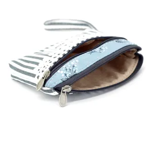Fabric double zipper coin purse with blue floral stripe pattern and wrist strap for daily use.
