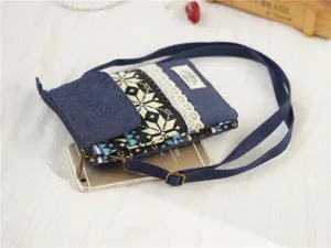 Ethnic style canvas cross-body phone bag multi-layer small shoulder bag with strap for women