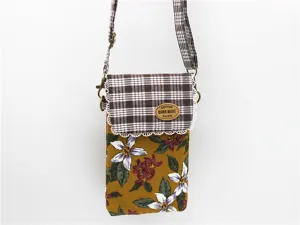 Vintage cotton crossbody phone bag with plaid flap floral print and practical shoulder strap.