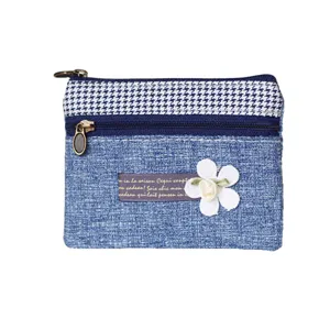 Blue denim coin purse detail, houndstooth top, fabric flower and zipper closure view.