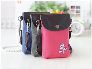 Canvas cross-body phone bag with leather flap and rose embroidery, multi-color portable pouch.