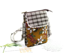 Cotton handmade crossbody phone bag with floral and plaid multi-layer storage design.