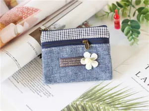 Cotton linen coin purse mini double zipper pouch cute floral detail pocket wallet compact organizer