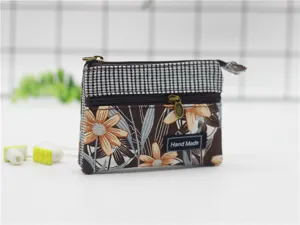 Women multi-layer cotton coin purse floral checkered pouch zipper small fabric wallet bag