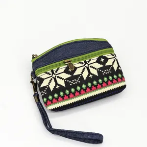 Ethnic style fabric coin purse with double zipper and wrist strap for women casual use