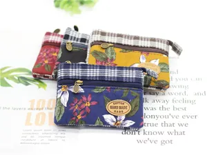Multi-layer cotton coin purse with floral print and plaid design, cute storage pouch.