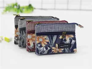 Close-up detail of the multi-layer cotton coin purse featuring floral print and zipper design.