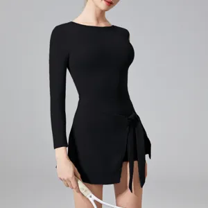 Black long sleeve athletic one piece tennis dress quick dry yoga fitness activewear skort.