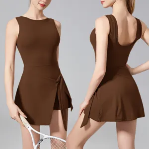 Brown sleeveless sports tennis dress with built-in shorts, quick-dry yoga jumpsuit detail.