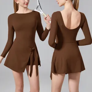 Women Long Sleeve Tennis Dress Romper Activewear One-Piece Athletic Yoga Workout Outfit