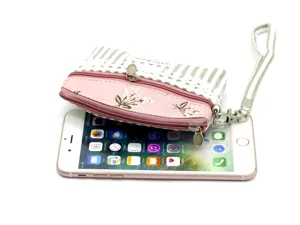 Canvas floral coin purse with double zipper and wrist strap, sweet pastoral style mini wallet bag.