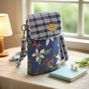 Cotton floral crossbody phone bag with plaid flap, multi-layer cute messenger bag for women.
