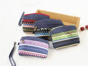 Fabric coin purse detail, ethnic geometric pattern design with double zipper and wrist strap.