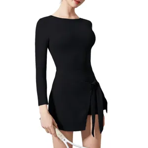 Women black athletic long sleeve tennis dress fitness yoga romper activewear outfit
