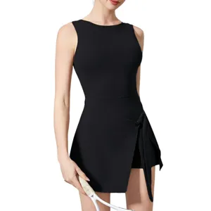 Black athletic tennis dress activewear sleeveless sports romper with shorts for women active.