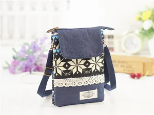 Ethnic style denim crossbody phone bag with floral lace and geometric pattern for daily use.
