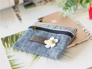 Blue denim cotton linen coin purse with houndstooth top, cute flower, and zipper closure.