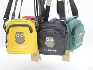Nylon crossbody bag with cute owl embroidery, perfect for daily casual and school use.