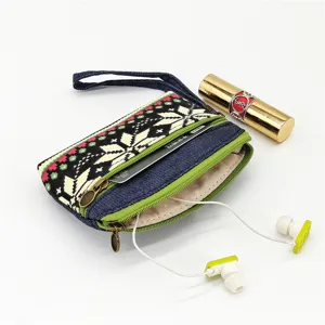 Ethnic style denim coin purse with double zippers and wrist strap, vintage woven wallet.