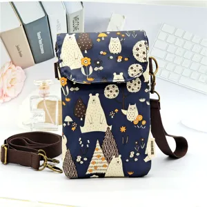 Waterproof laminated multi-layer crossbody phone bag with cute bear and owl forest print for women.