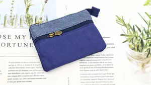 Portafogli multi-strato in tela blu e porta carte, mini custodia minimalista.