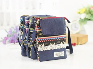 Ethnic style canvas cross body phone bag multi layer shoulder pouch for women daily use