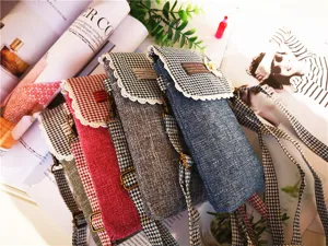 Cotton linen phone crossbody bag with houndstooth lace trim, multi-layer mini shoulder bag.