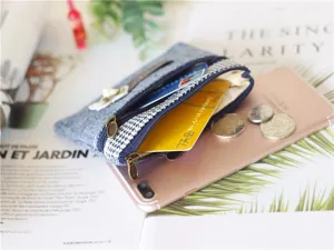 Portamonete in denim a doppia cerniera, pratico astuccio portacarte compatto per donne.